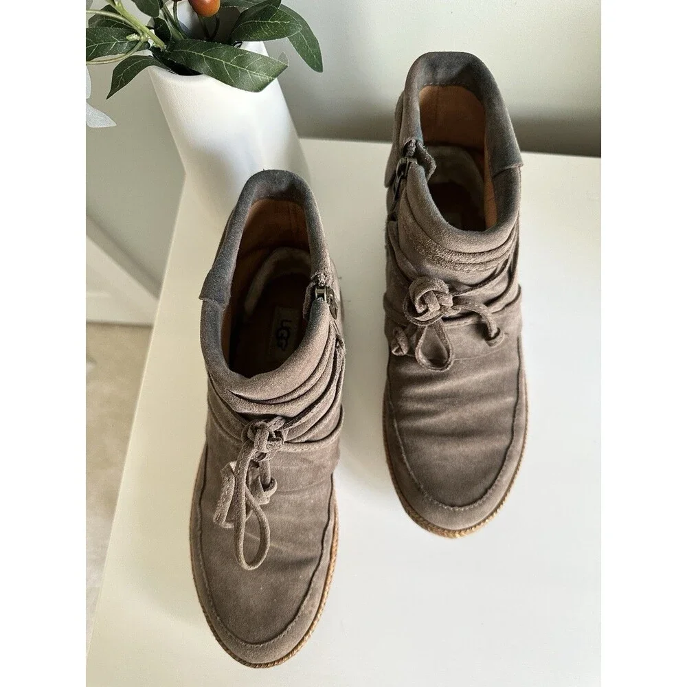 UGG Elora Women's 7.5 Grey Suede Wrap Lace Ankle Boots Side Zip 1019129 - Picture 4 of 11